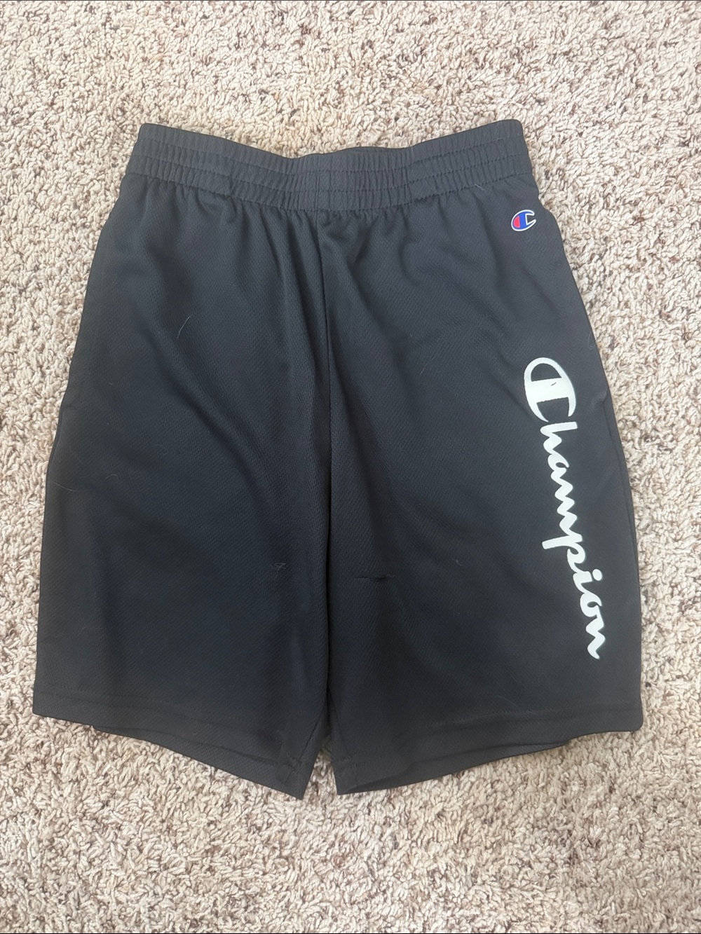 Champion Black Mesh Athletic Shorts with White Script Logo